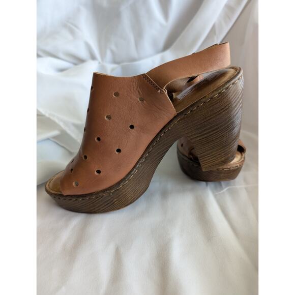 Born Brown Leather Perforated Peep Toe Slingback Wood Heel Platform Sandals - Picture 2 of 8